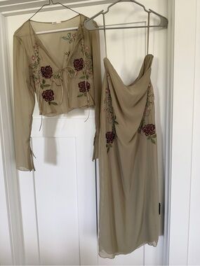 House of CB Beige Sheer Set with Western Floral Embroidery